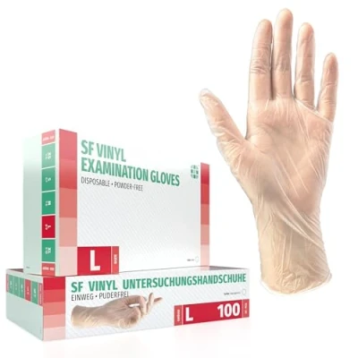 Image de Boîte de 100 pièces (L, Transparent), Gants d&#039;examen jetables, sans poudre et latex, médicaux, articles sanitaires pour le nettoyage des cuisines, à usage unique, non stérile