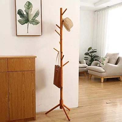 Image de porte manteaux en bambou avec 8 crochets, bois sur pied pour entrée, manteau, montage facile, arbre d&#039;entrée base solide chapeau, vêtements, sacs à main, parapluie.