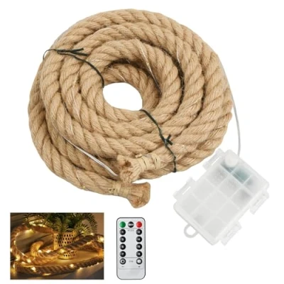 Image de Litinliv Guirlande Lumineuse LED en Corde de Chanvre, 300cm 60 LEDs, Fonctionne à Batterie, 8 Modes, Télécommande, pour Intérieur et Extérieur, Jardins, Terrasses, Balcons, Arbres, Cheminées, Fenêtre