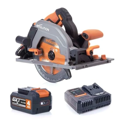 Image de Evolution Power Tools R185CCSX Li Scie circulaire sans fil compatible avec les rails 18v comprend une lame multi matériaux, coupe le bois, métal, plastique, batterie et chargeur inclus, 185mm