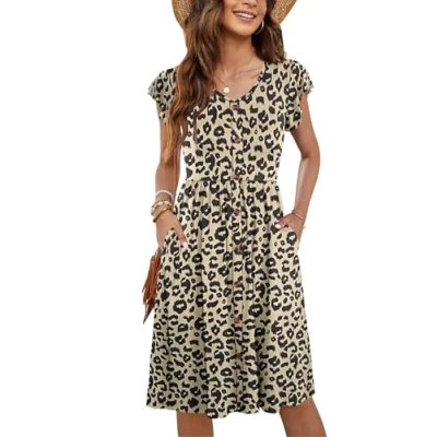 Image de MOLERANI Femmes Robes d&#039;été Manches V Cou Décontracté Swing Taille élastique avec Poche Robe De Midi pour Les Léopard 2XL