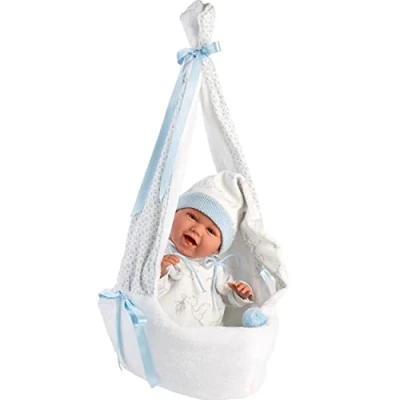 Image de Llorens 1074005 Poupée de bébé avec Yeux et Corps Doux Tenue Bleue Bonnet à Pointe, tétine, Attache tétine Berceau Suspendu 42 cm