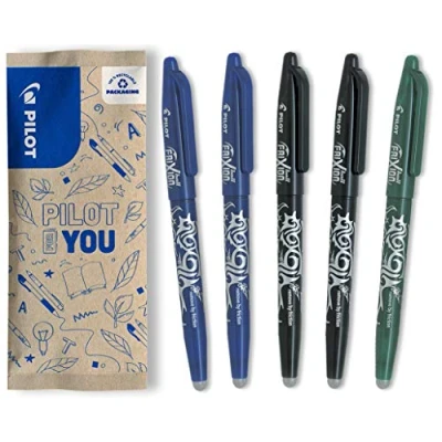 Image de PILOT Lot de 5 Frixion Ball Stylo effaçable à encre thermosensible roller rechargeable fabriqué partir plastique recyclé 2 Bleus, Noir, 1 Vert Pointe moyenne