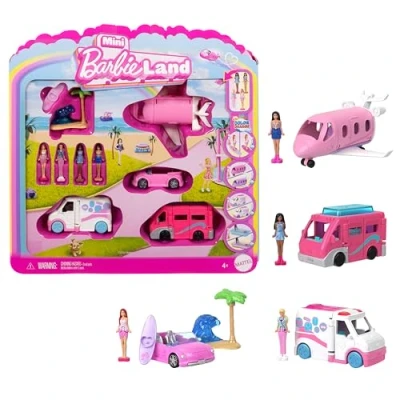 Image de Barbie Coffret 4 poupées et véhicules Mini BarbieLand Contenant de cm emblématiques avec éléments Qui changent Couleur, JGL30
