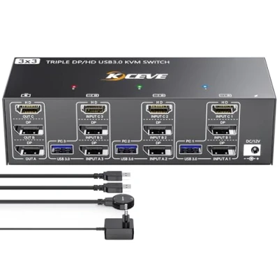 Image de Commutateur KVM USB 3.0 3 Moniteurs Ordinateurs, YOUTINGHDAV Switch triple moniteur 2 Displayport + HDMI, 8K@60Hz 4K@144 Hz, HDMI DP pour PC Partagez Souris