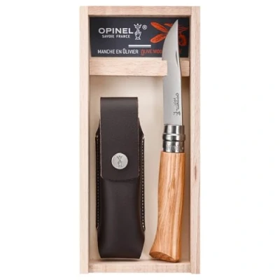 Image de OPINEL N08 Luxe Olivier et Étui Alpine Brun Couteau Pliant de Poche Bois d’Olivier Acier Inoxydable Coffret Lame Inox 8,5 cm