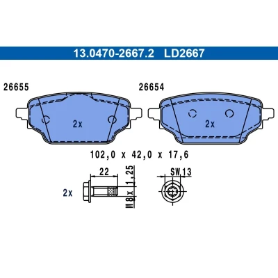 Image de ATE 13.0470 2667.2 Jeu de plaquettes frein non préparé pour indicateur d&#039;usure, contact signal d&#039;usure exclu avec vis d&#039;étrier