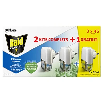 Image de RAID ESSENTIALS DIFFUSEURS ÉLECTRIQUES LIQUIDES RÉPULSIFS MOUSTIQUES, + RECHARGES, 2 1, 45 NUITS, 3 X 32 ml