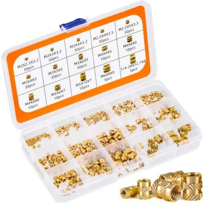 Image de Lot de 300 inserts filetés M2 M2.5 M3 M4 M5 M6 Écrous à sertir en laiton Filetage intérieur moletés avec boîte rangement pour pièces plastique chauffage ou ultrasons dans une