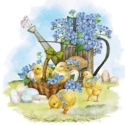 Image de Lot de 20 serviettes table Motif poussins sur myosotis Fleurs Printemps Pâques Décoration Decoupage Technique 33 x cm