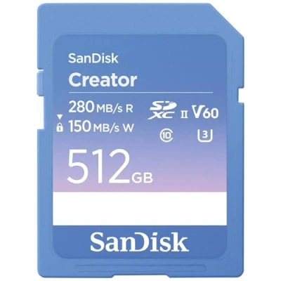 Image de SanDisk Creator SD UHS II Carte, 512 Go Carte V60, 6K &amp; 4K UHD, Vitesse de Lecture jusqu&#039;à 280 MB/s, Logiciel récupération des données RescuePRO Deluxe, Class 10, U3