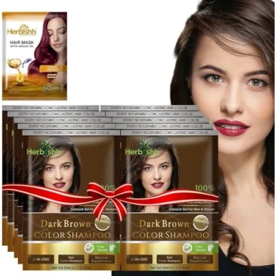 Image de Herbishh Hair Color Shampoo for Gray HairNatural Dye with Argan MaskTravel size Colors in MinutesLong lasting colour10pack+1packAmmonia Free (Dark Brown)