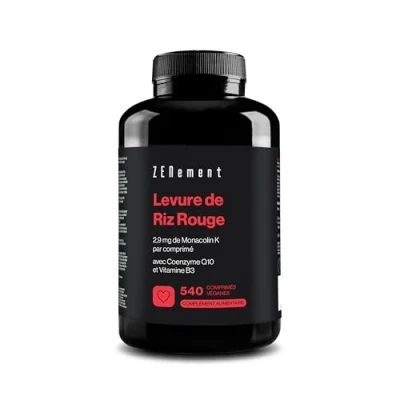 Image de Levure de Riz Rouge, 2,9 mg Monacolin K par comprimé, 540 Comprimés avec Coenzyme Q10 et Vitamine B3 Végan, Sans gluten, citrinine Zenement