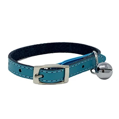 Image de Collier pour chat en cuir véritable avec élastique de sécurité, clochette, disponible (bleu)