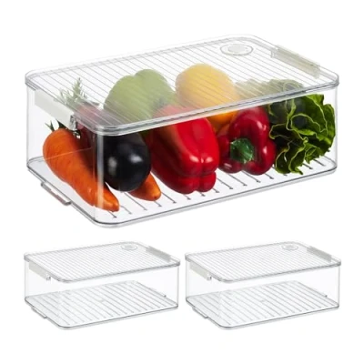 Image de Relaxdays Organiseur de frigo, lot 3, avec Couvercle et Date, H x L P : 10,5 21 33 cm, Transparent