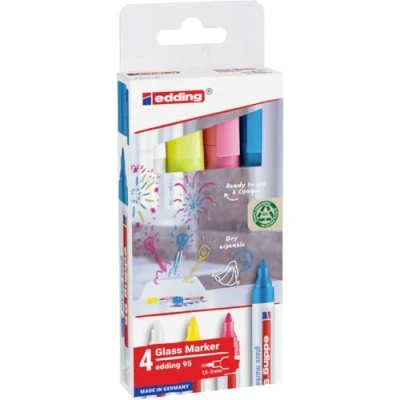 Image de edding 95 marqueur pour verre multi couleur 4 stylos pointe ronde 1,5 3 mm marqueurs effaçables vitres marquer des surfaces en (vitres, tableaux,tableau blancs) à sec