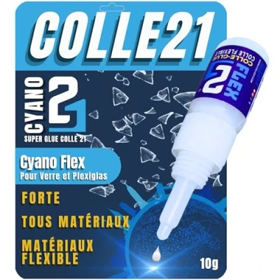 Image de Super Glue cyano pour verre et plexiglass Colle21 FLEX Flacon de 10g, Colle flexible caoutchouc, verre, plexiglas autres matériaux, Adhésif ultra résistant réparations durables.