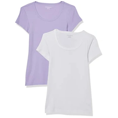 Image de Amazon Essentials T Shirt Ajusté à Manches Courtes et Encolure Dégagée Femme, Lot de 2, Blanc/Lavande, M