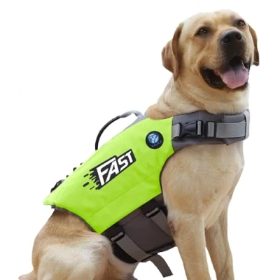 Image de KAJILE Gilet de Sauvetage pour Chien Couleurs Vives,Maillot Bain Chien,Sangle Sports Style,Gilet Flottant Ajustable avec Poignée Auvetage,Vert,XL
