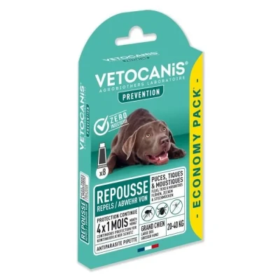 Image de Vetocanis, Pipettes Anti Puces Chien, 4x1 Mois sans Tiques, Puces, Moustiques, Antiparasitaire Chien 20 à 40 kg, A base de Margosa, Répulsif Protection immédiate, 8 3 mL