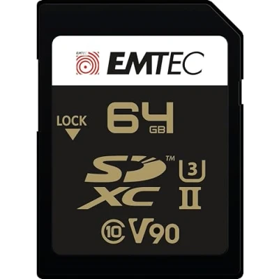Image de EMTEC Carte SDXC UHS II U3 V90 SpeedIN Pro+ ECMSD64GUHS2V90 Mémoire Photos en Rafale, Vidéos Full HD, 3D, 4K, 8K UHD Capacité de Stockage 64 Go GB 2 Rangées PIN au Dos Noir/Doré