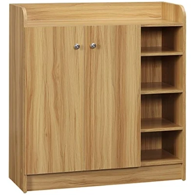 Image de HOMCOM Meuble de Rangement à Chaussures pour entrée Armoire avec 4 Compartiments Ouverts et Placard Double Porte étagère réglable 83L x 30l 90H cm Marron