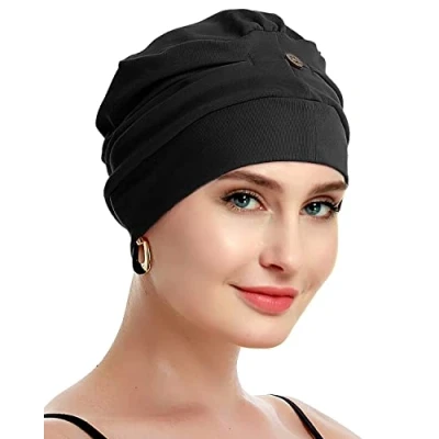 Image de Osvyo Turbans chimio pour femme Chapeau de perte cheveux Coton léger Emballage scellé Taille unique, noir., unique