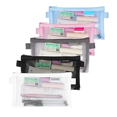 Image de 5 Pièces Trousse à Crayons Transparent Nylon Trousse,Pochette Zippée Mesh de Maquillage, Multipurpose Organizer Sacs pour Voyage Bureau Papeterie Fournitures