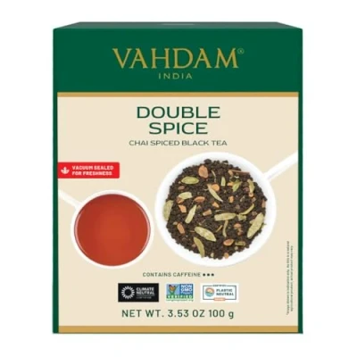 Image de VAHDAM, Thé Masala Chai Double Épicé (100 tasses), FORT &amp; SPICY, 100% D&#039;Ingrédients Naturels Mélange de Noir, Cardamome, Cannelle, Clou Girofle Et Poivre Noir 100gm (ensemble 2)