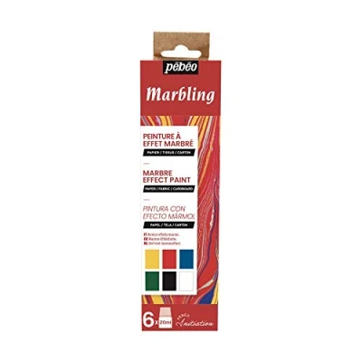 Image de Pébéo Set Initiation Marbling Kit Peinture sur soie Assortiment 6 Flacons Bouchon Pipette de 20 ml Jaune Citron, Rose bengale, Cyan, Vert émeraude, Noir + 1 flacon Bain