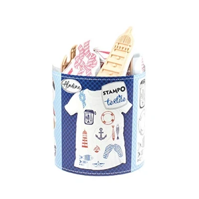 Image de Aladine Stampo Textile Navy Kit de 13 Tampons pour Tissu Encreur Inclus Fixation au Fer à Repasser Lavable en Machine Motifs Poissons, Phare, Ancre
