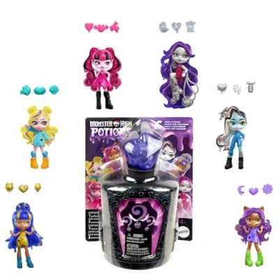 Image de Monster High Potions Assortiment de mini poupées et accessoires, figurines surprise 7,5 cm dans un flacon d’exposition avec fonction Water Reveal talismans (les personnages peuvent varier),HYB10