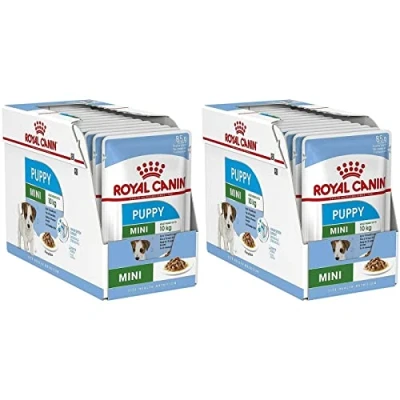 Image de Royal Canin Mini Puppy Lot de 2 x 12 85 g Nourriture humide pour Petits chiots Jusqu&#039;à 10 mois morceaux en sauce Texture douce les dents lait