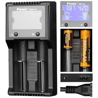 Image de Fenix Chargeur are a2 à Deux Voies numérique, Plusieurs Batteries. 10440, 14500, 16340, 18650, 21700, 26650, AA, AAA Externe Mixte, Multicolore, Taille Unique