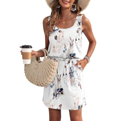 Image de WNEEDU Robe d&#039;été pour Femme de Plage sans Manches à col en U avec Cordon Serrage aérée été Poches Blanc Fleuri L