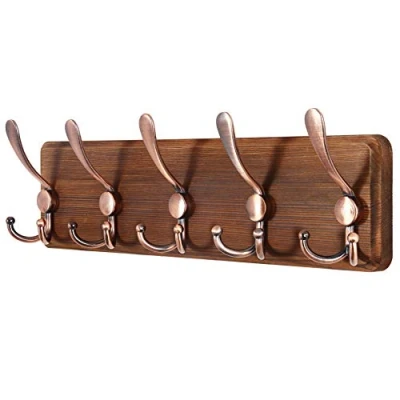 Image de SKOLOO Porte manteau Mural Bois Blanc, Le Style Rustique, 44cm Longue,Grand avec 5 Crochets Triples Pour suspendre sac à dos, veste, chapeau