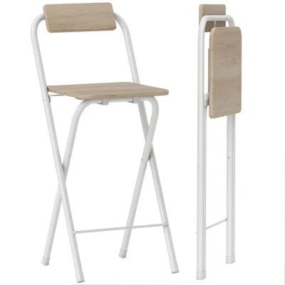 Image de HOMCOM Lot de 2 tabourets Bar Pliables, chaises Bar, Chaise Haute Cuisine avec Dossier et Repose Pieds, Cadre en Acier, 87 cm Haut, Effet Bois Naturel