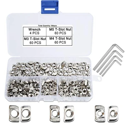 Image de QIMEI SHOP T Nuts Écrous en M3 M4 M5 Slot Assortiment Kit Acier au Carbone Nickelé avec 4 Clés Allen pour 20 Séries Profilé Aluminium 184 Piéces