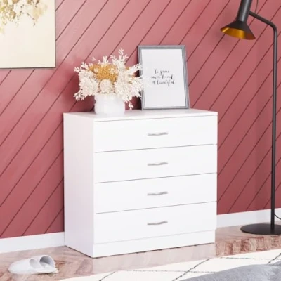 Image de Vida Designs Commode Blanche à 4 tiroirs avec poignées et glissières en métal, système Anti déformation Unique, Meuble de Chambre Riano