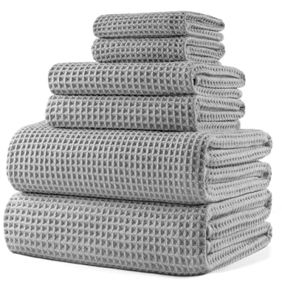 Image de POLYTE Lot de 6 serviettes bain surdimensionnées en microfibre non pelucheuses, à séchage rapide 152,4 x 76,2 cm (gris clair, tissage gaufré)