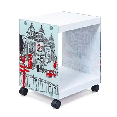 Image de Inter Link Table d&#039;appoint de chevet basse Sur roulettes London Cube Verre et MDF Moderne pratique Blanc laqué 38 x 33,5 46 cm