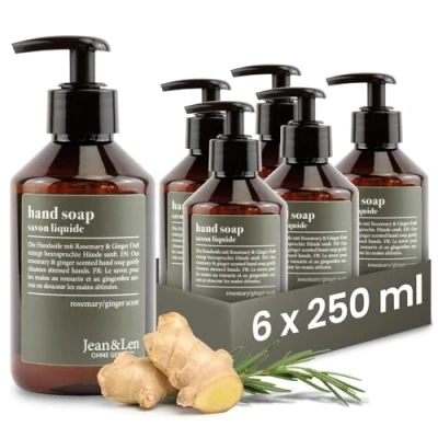 Image de Jean &amp; Len savon pour les mains Rosemary Ginger, nettoie abîmées, usage quotidien, liquide avec pompe rechargeable, sans parabènes, silicones ni microplastiques, 6 x 250 ml