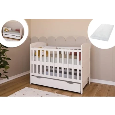 Image de Kids Collective lit bébé 70x140 cm avec matelas et tiroir berceau convertible réglable en hauteur blanc Made in Europe 140x70