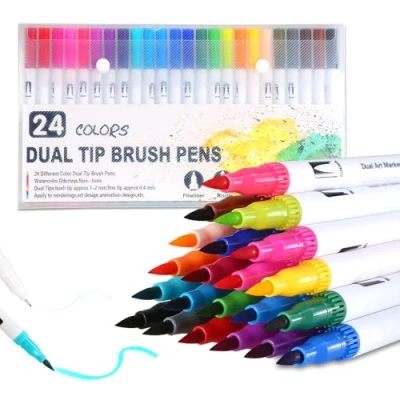 Image de CRESZZLE Set de Feutres Double Pointe : coloriage adulte 24 couleurs, pinceaux, Convient pour les livres coloriage, le lettrage, la calligraphie.