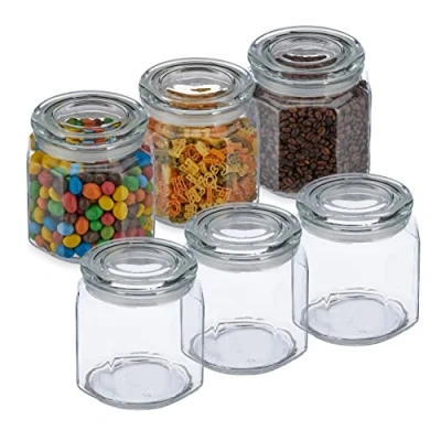 Image de Relaxdays Bocal en Verre avec Couvercle, lot Pratique de 6, 1,3 l, octogonal, hermétique, 14,5x13,5x13,5 cm, Transparent