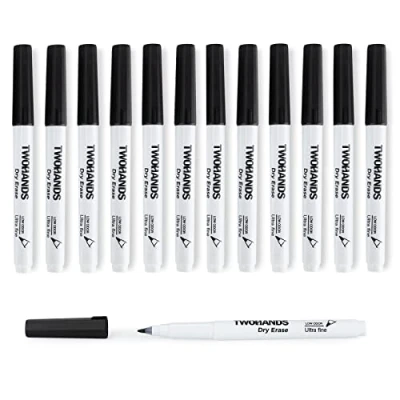 Image de TWOHANDS Feutres Tableau Blanc Effaçables, Marqueurs pointe ultra fine 0,7 mm, Lot de 12,faible odeur, Noir, 20536