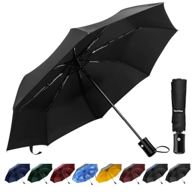 Image de TechRise Parapluie Pliant Automatique, Homme de voyage résistant à la pluie résistance compacte haute qualité pour les hommes et femmes poignée non glissante