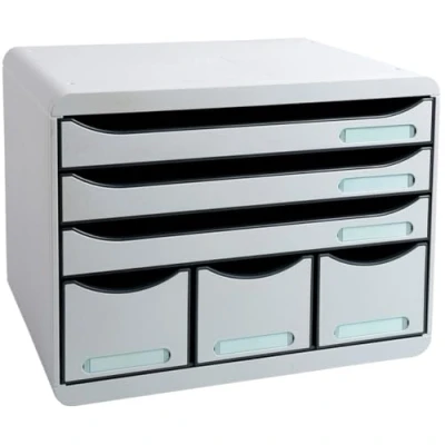 Image de Exacompta Réf. 306740D STORE BOX Caisson 6 tiroirs, 3 tiroirs pour documents A4+ et fins hauts Dimensions extérieures : Profondeur 27 x largeur 35,5 Hauteur 27,1 cm Gris lumière