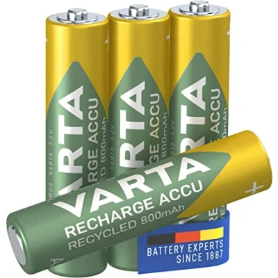 Image de VARTA Piles rechargeables AAA, lot de 4, Recharge Accu Recycled, 800 mAh Ni MH, fabriquées avec 21% matériaux recyclés, préchargées, prêtes à l&#039;emploi