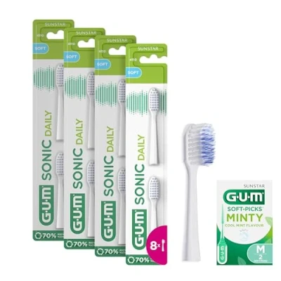 Image de GUM Sonic Daily Lot de 4X2 têtes brosse à dents sonique rechange pour Poils doux et microfins un nettoyage en profondeur (Blanc) +1 bonus of